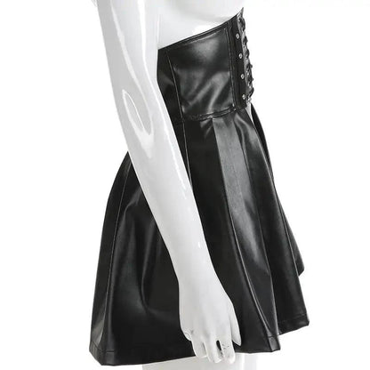 Mandotos black leather lace-up skirt with front lacing detail, fitted design, and high waist for a stylish, edgy look.