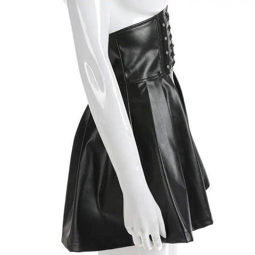 Mandotos black leather lace-up skirt with front lacing detail, fitted design, and high waist for a stylish, edgy look.