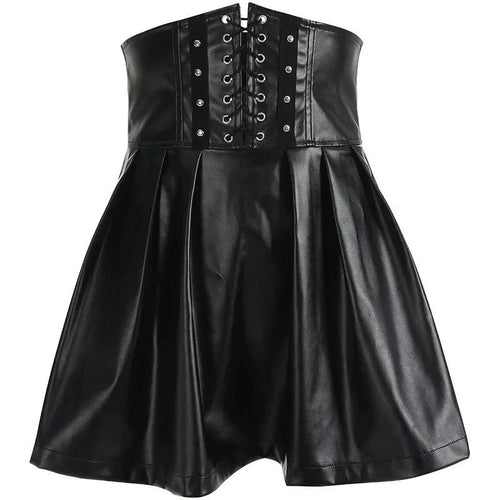 Mandotos black leather lace-up skirt with front lacing and fitted design, stylish and edgy for modern fashion.