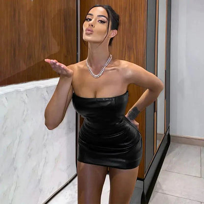 Mandotos black leather look strapless mini dress, perfect for elegant evening wear and night outs.