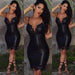 Mandotos black bodycon PU leather mini dress with deep V neck, spaghetti straps, and lace patchwork in size S to XL.