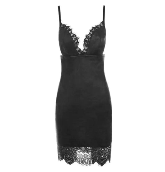 Black MANDOTOS Bodycon PU leather mini dress with deep V neck, spaghetti straps, and lace patchwork in size S to XL.