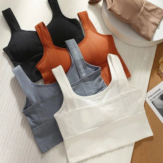 Mandotos breathable women's sports bra and seamless yoga top, shockproof crop push-up gym workout wear, designed for active fitness.