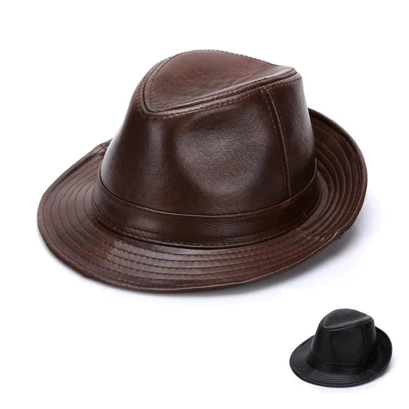 Mandotos brown leather cap made from premium cowhide, available in XL to XXXXL sizes, stylish and durable headwear.