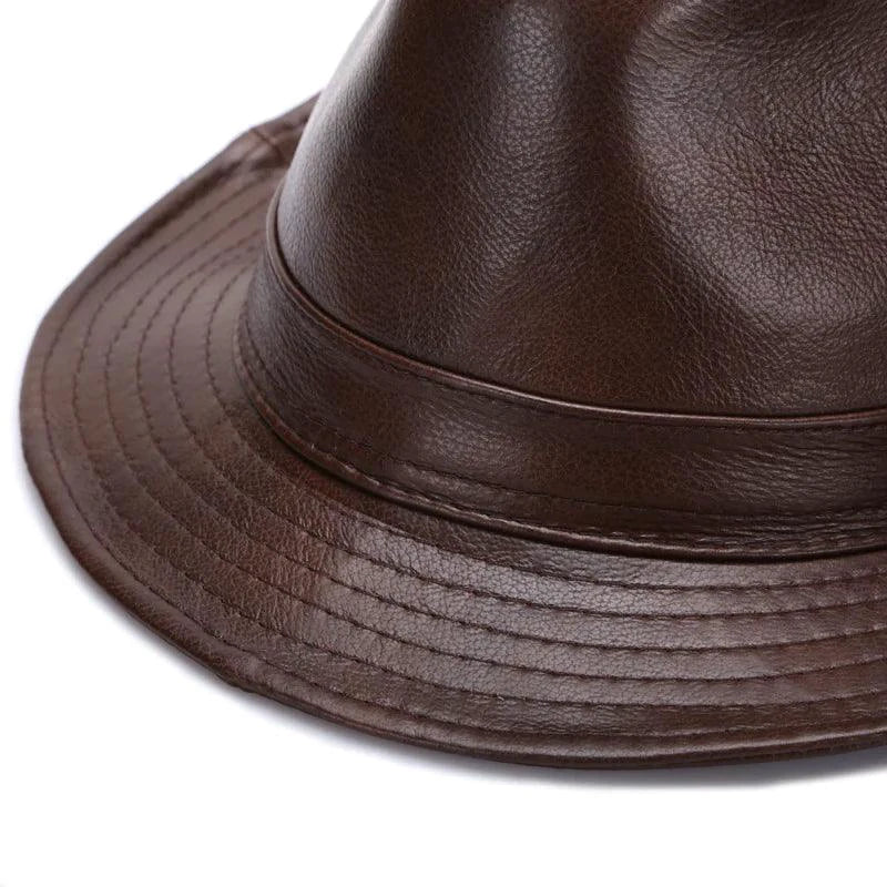 Mandotos brown leather cap made from premium cowhide in XL to XXXXL size, featuring a stylish and durable design.