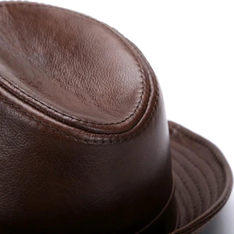Mandotos brown leather cap made from premium cowhide in XL to XXXXL size, featuring a classic design and sturdy construction.