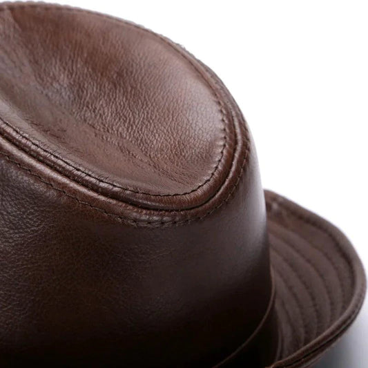 Mandotos brown leather cap made from premium cowhide in XL to XXXXL size, featuring a classic design and sturdy construction.