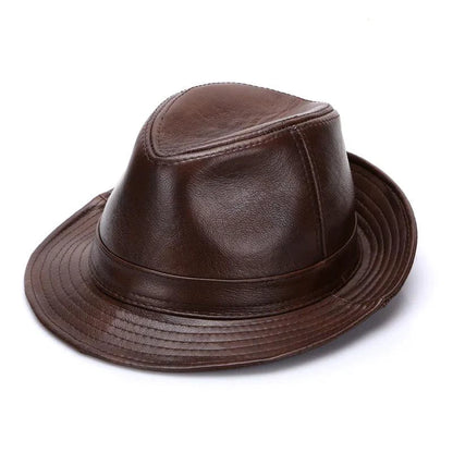 Mandotos brown leather cap in premium cowhide, available in XL to XXXXL sizes, featuring a stylish and durable design.