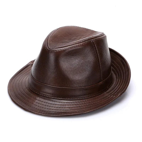 Mandotos brown leather cap in premium cowhide, available in XL to XXXXL sizes, featuring a stylish and durable design.