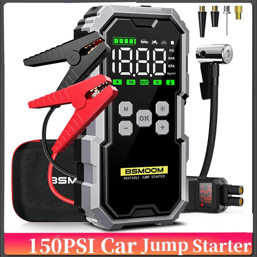 MANDOTOS Car Jump Starter Pro with Air Compressor, 6000A peak, 21800mAh capacity, LCD display, portable booster charger for vehicles.