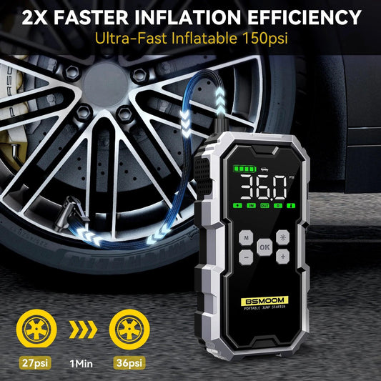 MANDOTOS Car Jump Starter Pro with Air Compressor, 6000A, 21800mAh, LCD display, portable booster charger for vehicles.
