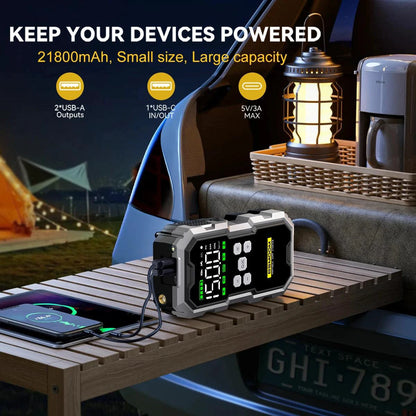 MANDOTOS Car Jump Starter Pro with air compressor, LCD display, portable booster charger, 6000A, 21800mAh for vehicle emergency use