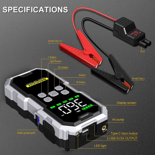 MANDOTOS Car Jump Starter Pro with air compressor, LCD display, portable booster charger, 6000A, 21800mAh, compact design.