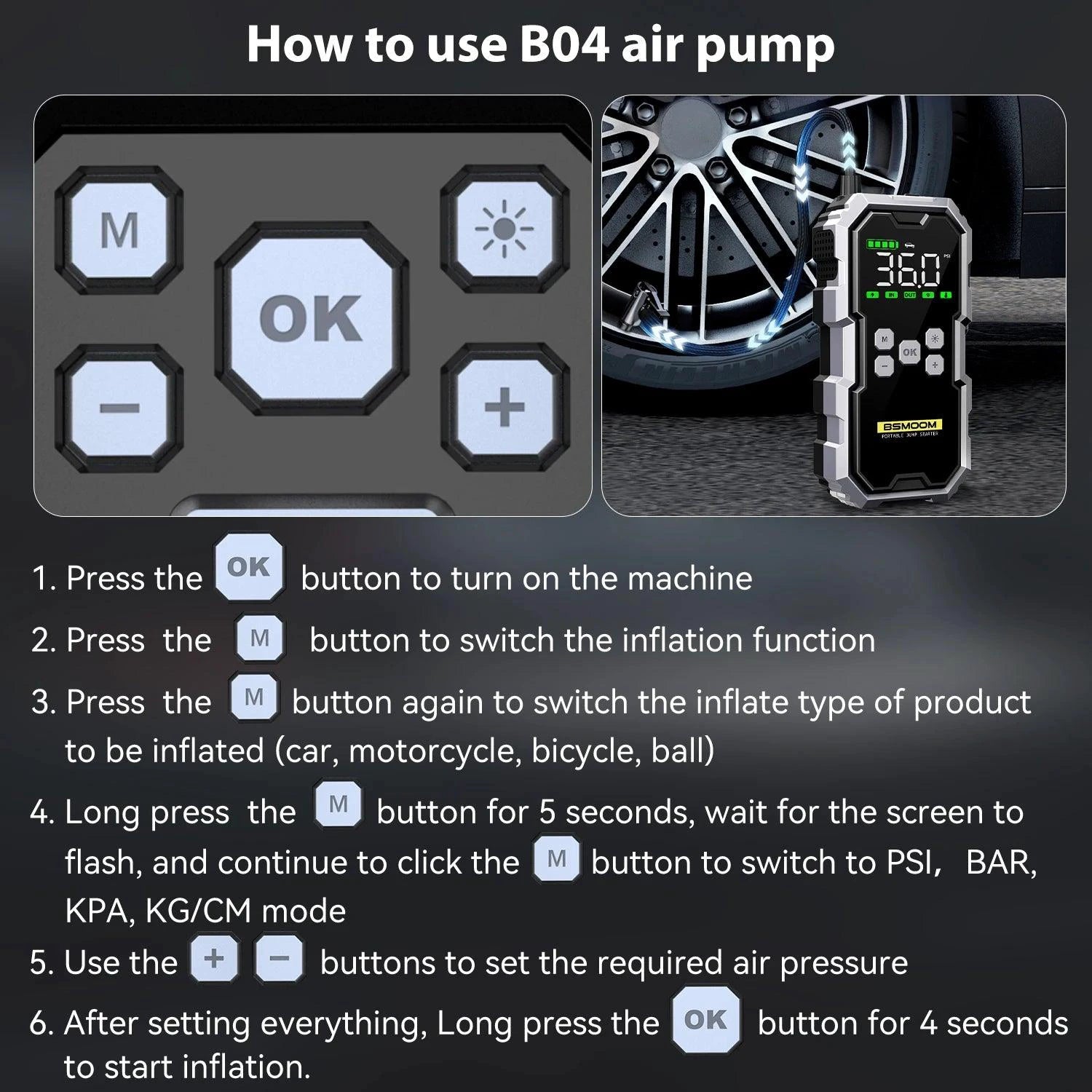 MANDOTOS Car Jump Starter Pro with Air Compressor, 6000A, 21800mAh, LCD display, portable booster charger for vehicles