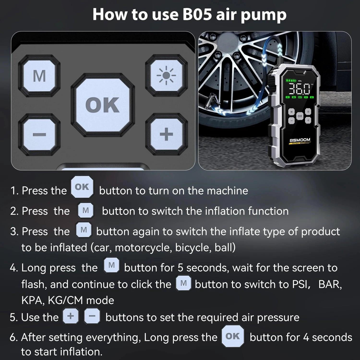 MANDOTOS Car Jump Starter Pro with air compressor, LCD display, 6000A, 21800mAh portable booster charger, compact design