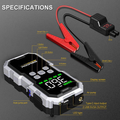 MANDOTOS Car Jump Starter Pro with Air Compressor, 6000A, 21800mAh, LCD display, portable booster charger for vehicles.