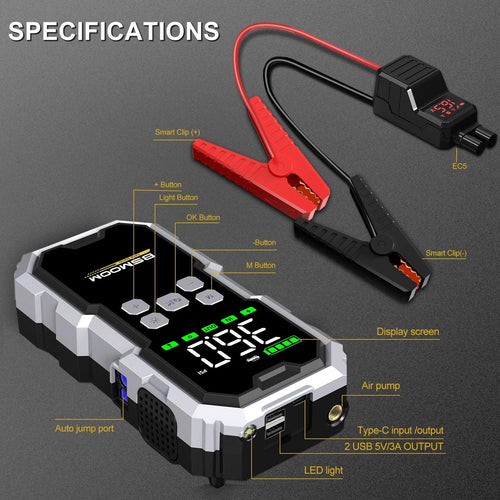 MANDOTOS Car Jump Starter Pro with Air Compressor, 6000A, 21800mAh, LCD display, portable booster charger for vehicles.