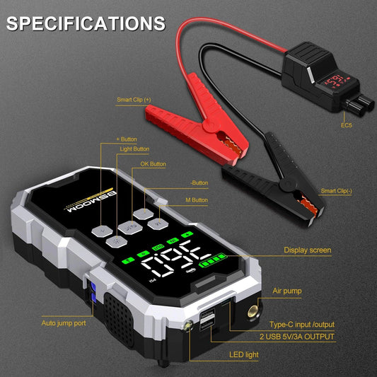 MANDOTOS Car Jump Starter Pro with Air Compressor, 6000A, 21800mAh, LCD display, portable booster charger for vehicles.