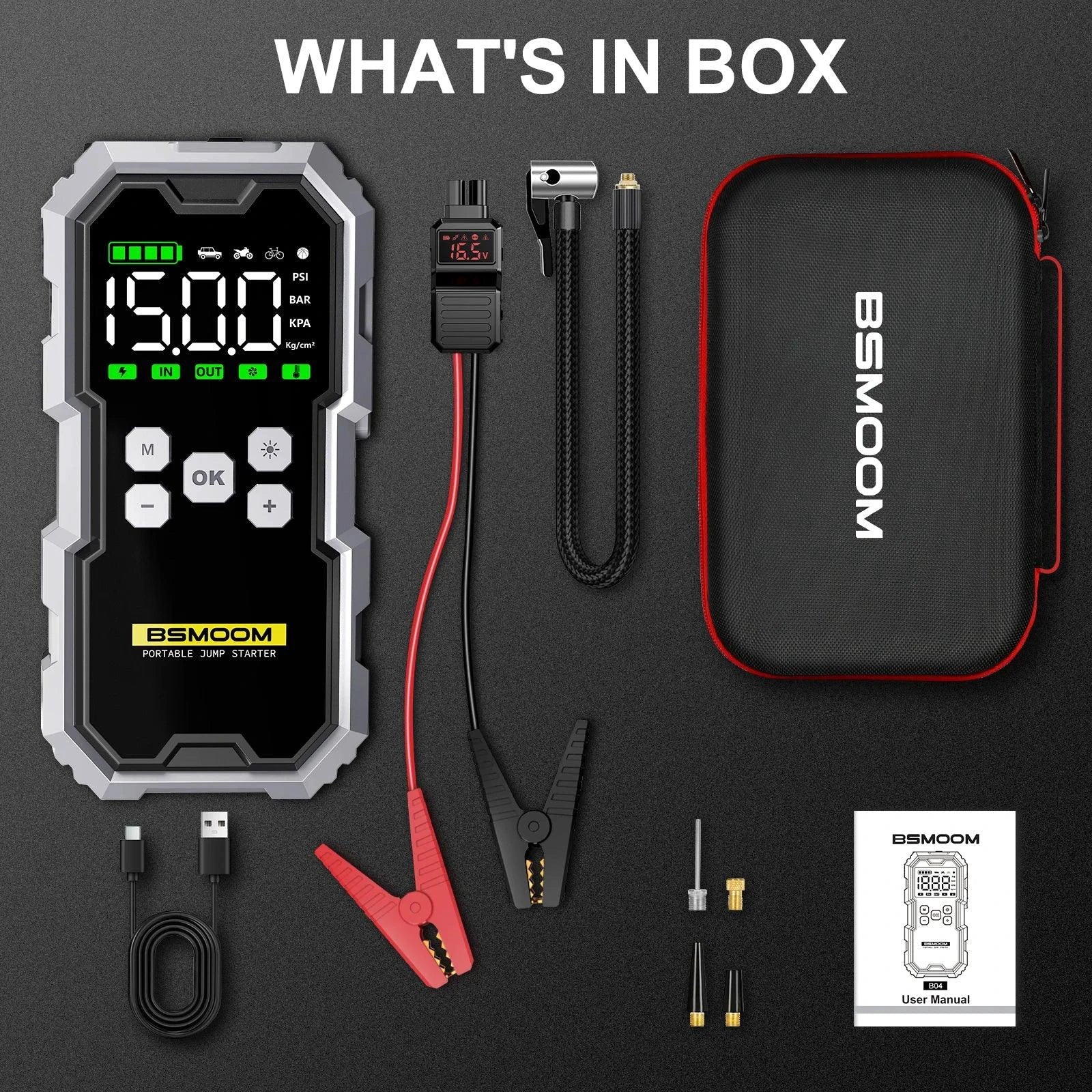 MANDOTOS Car Jump Starter Pro with air compressor, 6000A, 21800mAh, LCD display, portable booster charger in use.