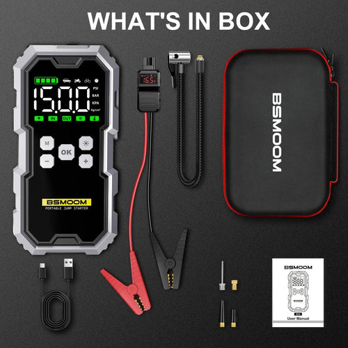 MANDOTOS Car Jump Starter Pro with air compressor, 6000A, 21800mAh, LCD display, portable booster charger in use.