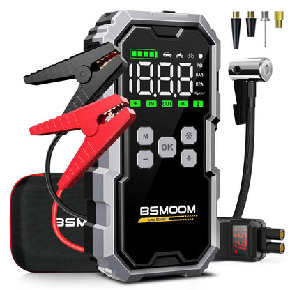 MANDOTOS Car Jump Starter Pro with Air Compressor, 6000A, 21800mAh, LCD display, portable booster charger for vehicles.