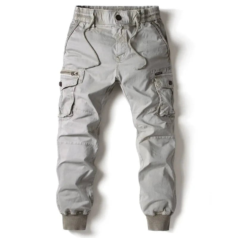 Mandotos men's gray cotton cargo pants with full-length tactical design and multiple pockets for military-style utility.