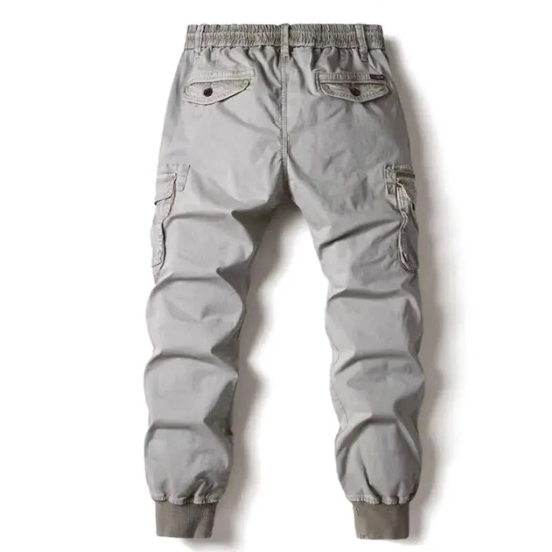 Mandotos men's gray cotton tactical cargo pants with full-length military-style design and multiple utility pockets.