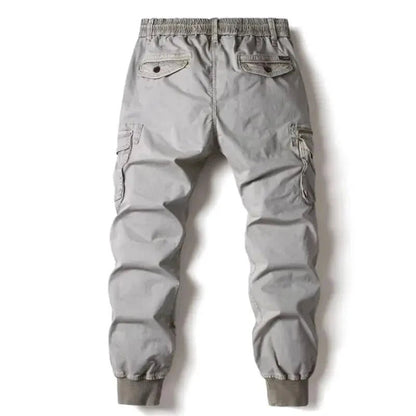 Mandotos men's gray cotton tactical cargo pants with full-length military-style design and multiple utility pockets.