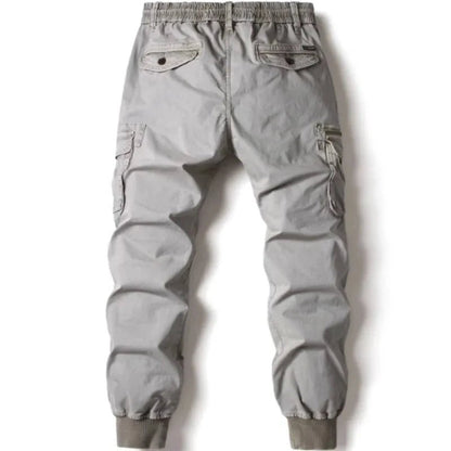 Mandotos men's gray cotton cargo pants with full-length tactical military-style design and multiple utility pockets.