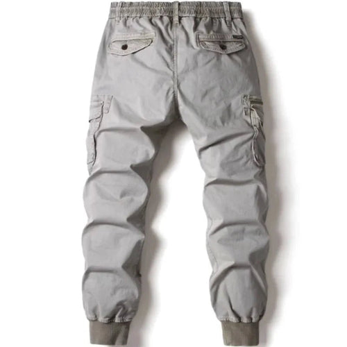 Mandotos men's gray cotton cargo pants with full-length tactical military-style design and multiple utility pockets.