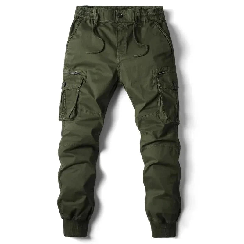 Mandotos men's gray cotton tactical cargo pants with full-length design, military-inspired cargo trousers for outdoor and casual wear.