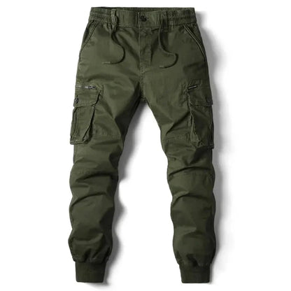 Mandotos men's gray cotton tactical cargo pants with full-length design, military-inspired cargo trousers for outdoor and casual wear.