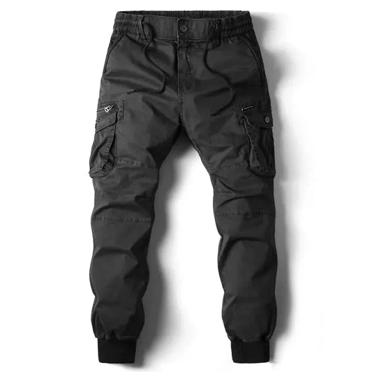 Mandotos men's gray cotton cargo pants with full-length tactical military-style design and multiple utility pockets.