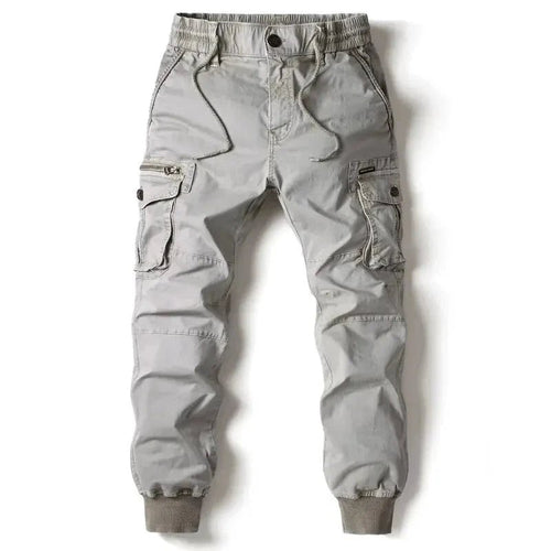 Mandotos men's gray cotton tactical cargo pants with full-length design, featuring multiple pockets and military-style construction.