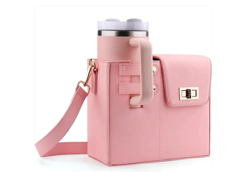 Pink Mandotos CarryEasy beverage pouch with PU leather, soft lining, and open pocket, designed for portable bottles.
