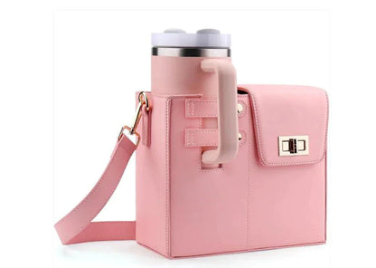 Pink Mandotos CarryEasy beverage pouch with PU leather, soft lining, and open pocket, designed for portable bottles.