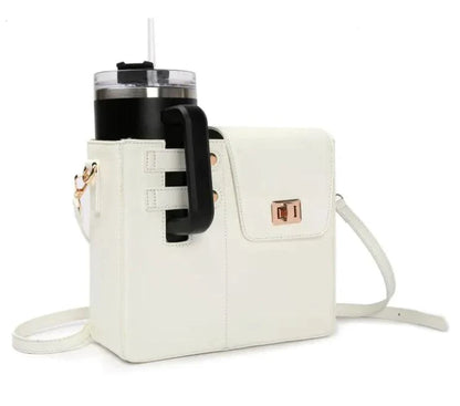 Pink Mandotos CarryEasy beverage pouch made of PU leather with soft lining and open pocket, designed for portable bottles.