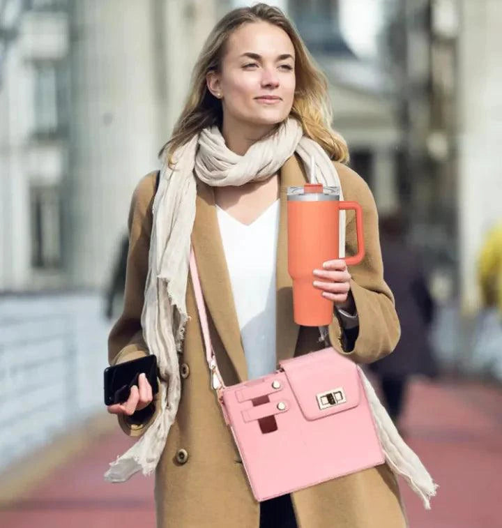 Pink Mandotos CarryEasy beverage pouch with PU leather, soft lining, and open pocket for portable bottle storage.