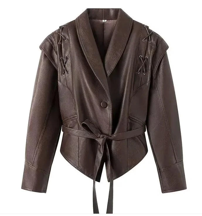 Mandotos women's casual long sleeve polyester coat in classic brown with a loose fit, stylish outerwear for everyday wear.