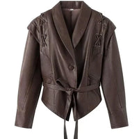 Mandotos casual long sleeve polyester coat in classic brown, loose fit women's outerwear with a relaxed style and simple design.