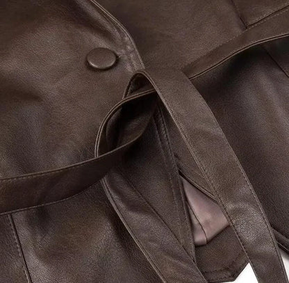 Mandotos casual long sleeve polyester coat in classic brown with a loose fit, women's outerwear, stylish and comfortable for everyday wear.