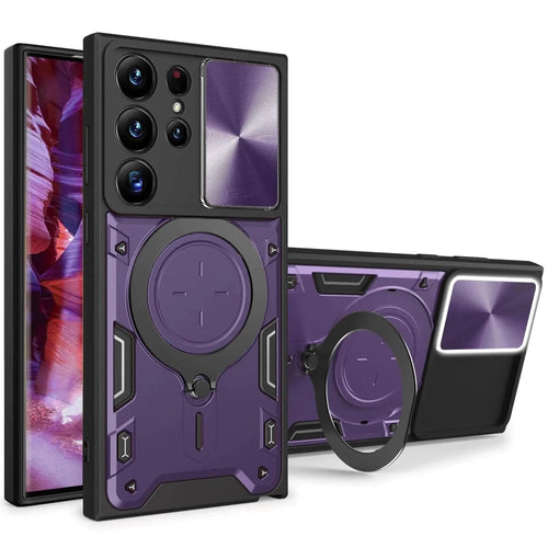 Mandotos CCSmall S23 Ultra Armor Case in purple with rotatable ring for Galaxy S23 Ultra, showing the protective design and ring feature.