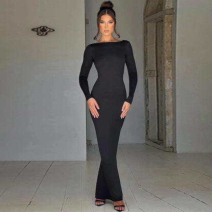 Mandotos chic backless silk dress in soft milk silk, featuring a stylish design and elegant fit for special occasions.