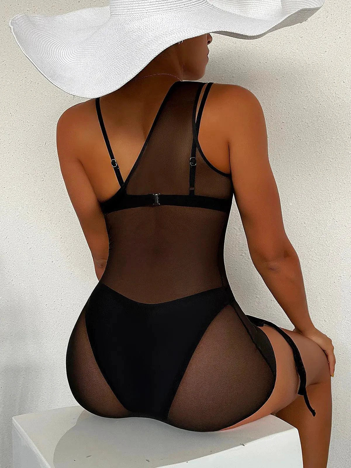 Mandotos chic black mesh one-shoulder beach cover-up with sheer panels for swimwear, stylish and lightweight for beachwear.