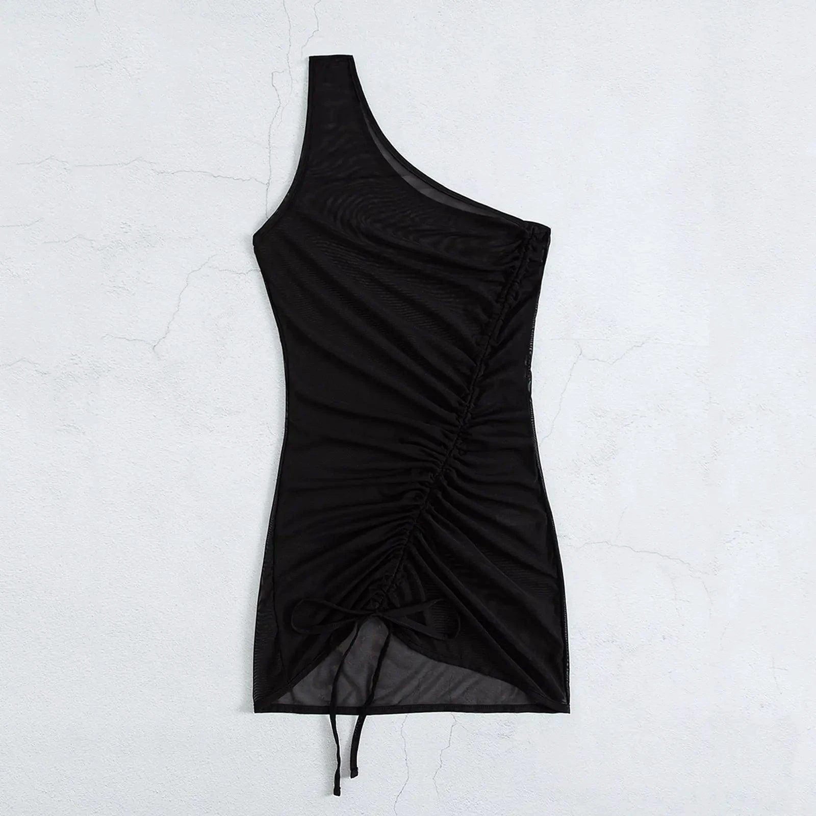 Mandotos chic black mesh one-shoulder beach cover-up with sheer panels for swimwear, lightweight and stylish for beach or poolside.