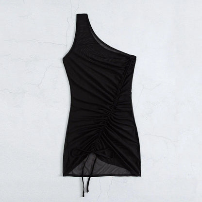 Mandotos chic black mesh one-shoulder beach cover-up with sheer panels for swimwear, lightweight and stylish for beach or poolside.