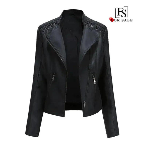 Mandotos chic black leather coat with feminine design, zipper pockets, and biker style details, perfect for a stylish look.