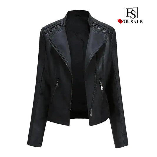 Mandotos chic black leather coat with feminine design, zipper pockets, and biker style details, perfect for a stylish look.
