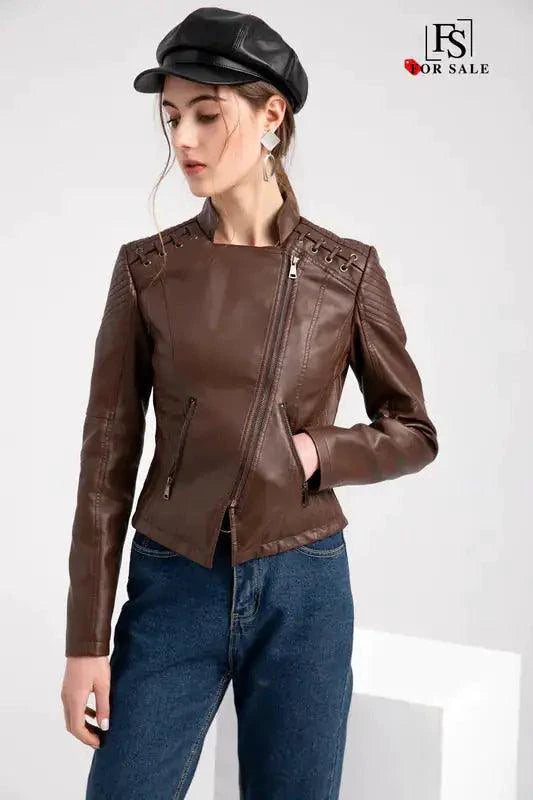 Mandotos Chic feminine black leather coat with zipper pockets and biker-style details, stylish outerwear for women.