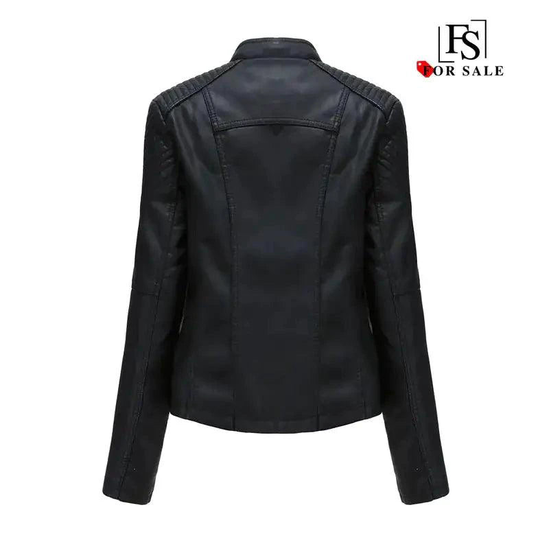Mandotos chic black leather coat for women with zipper pockets and biker-style details, stylish and feminine outerwear.